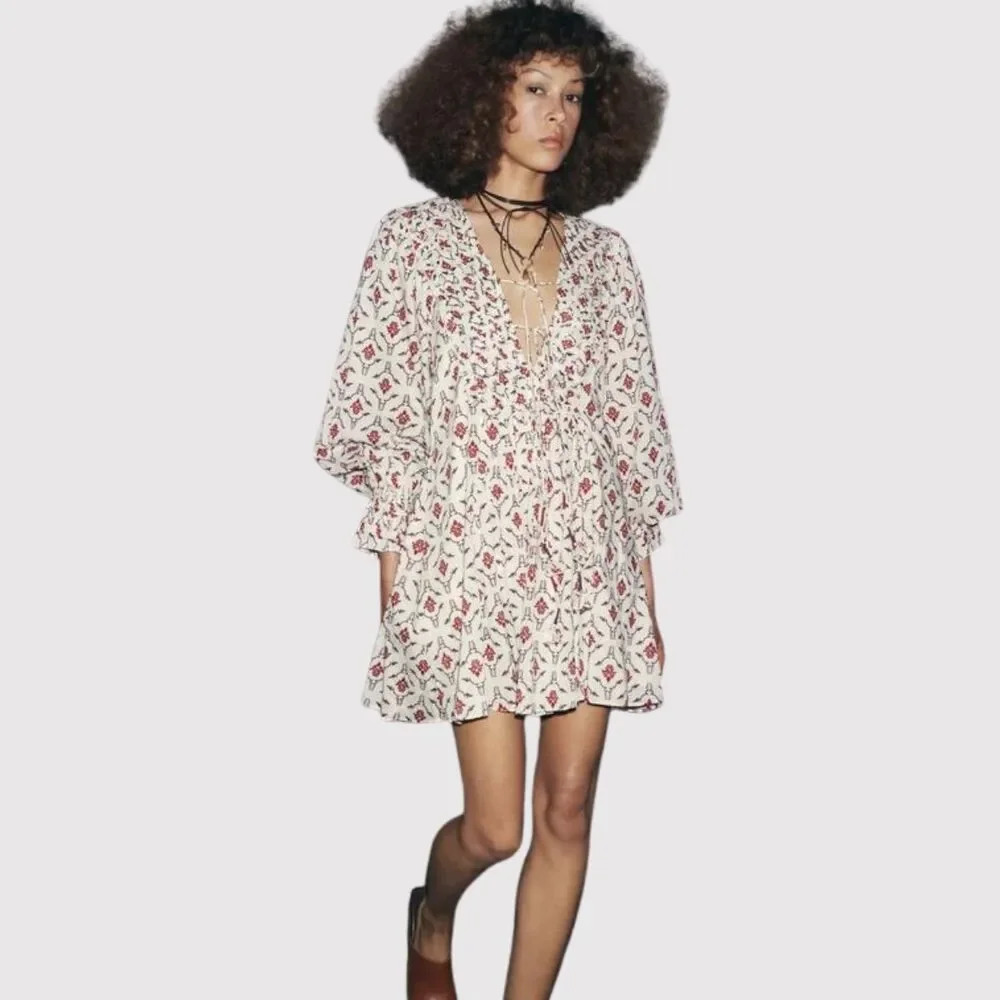 ZARA Mini Dress Beige Floral Puff Sleeve V Neck Lace Up Ruffle A Line Boho XS